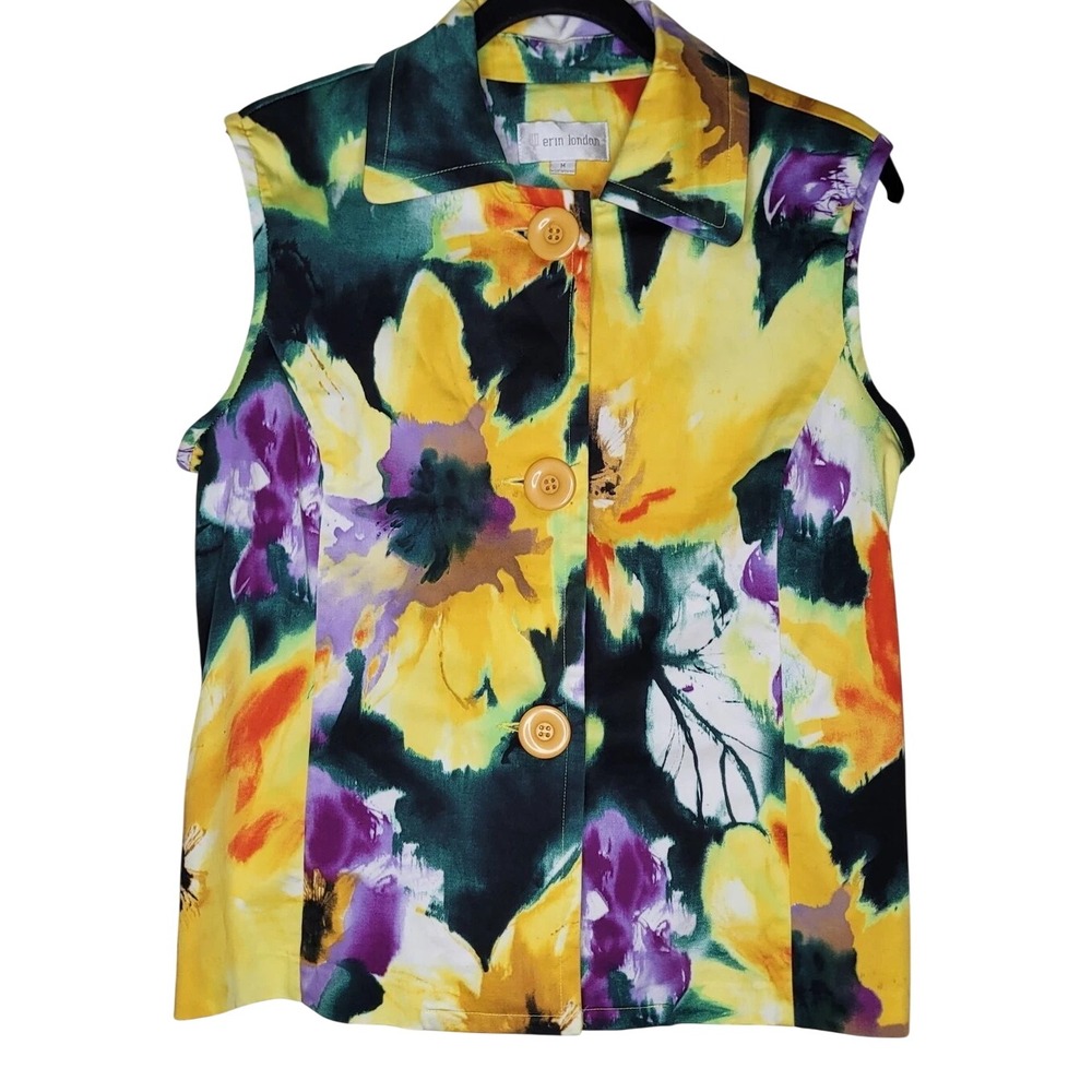 Erin London Women's M Watercolor Floral‎ Sleeveless Vest Artsy Resort